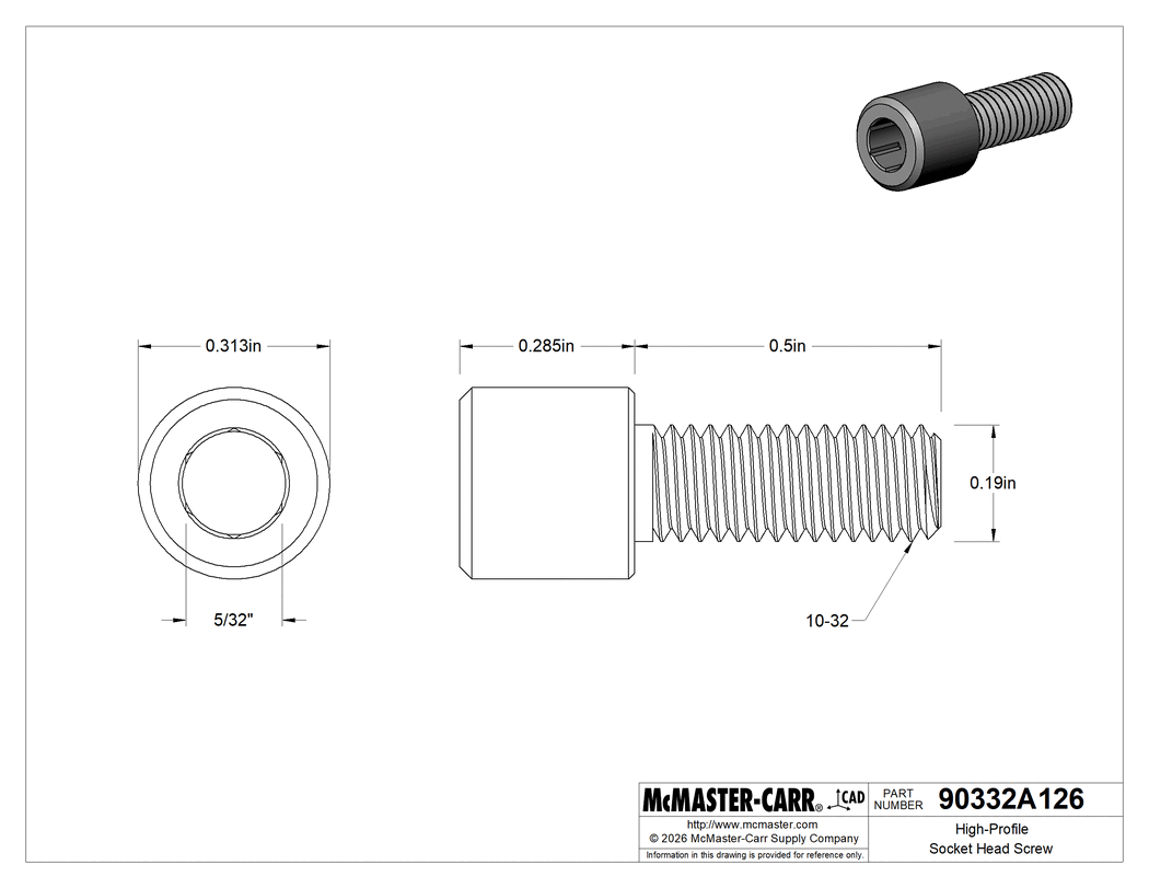 Technical Drawing of High-Profile Socket Head Screw, 18-8 Stainless Steel, 10-32 Thread Size, 1/2" Long.